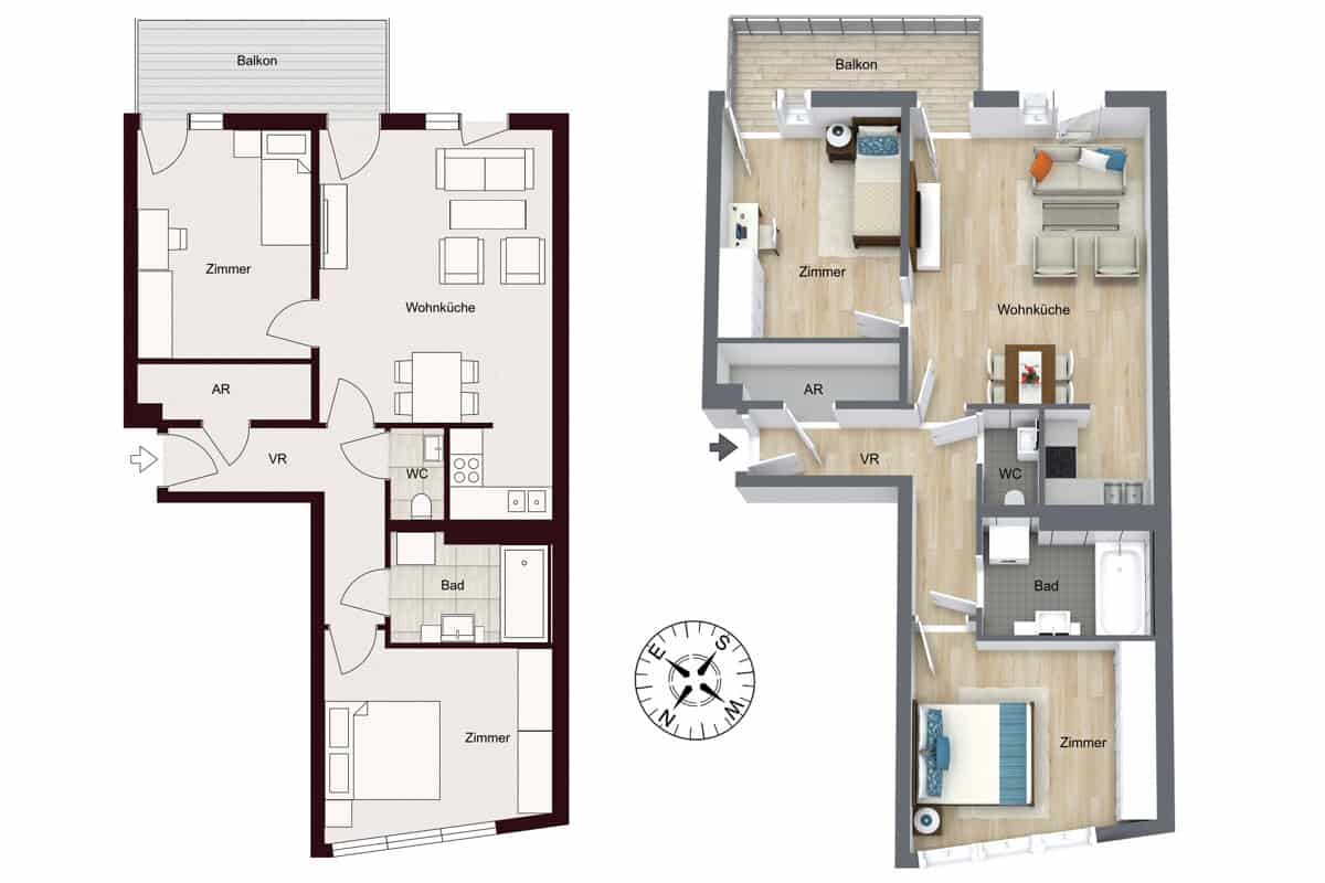 Rorula - SICHER INVESTIEREN IN BESTLAGE: VERMIETETE GARTENWOHNUNG FUßLÄUFIG U3 KARDINAL-NAGL-PLATZ & ROCHUSMARKT - Immobilienmakler in Oberösterreich grundriss 2d & 3d